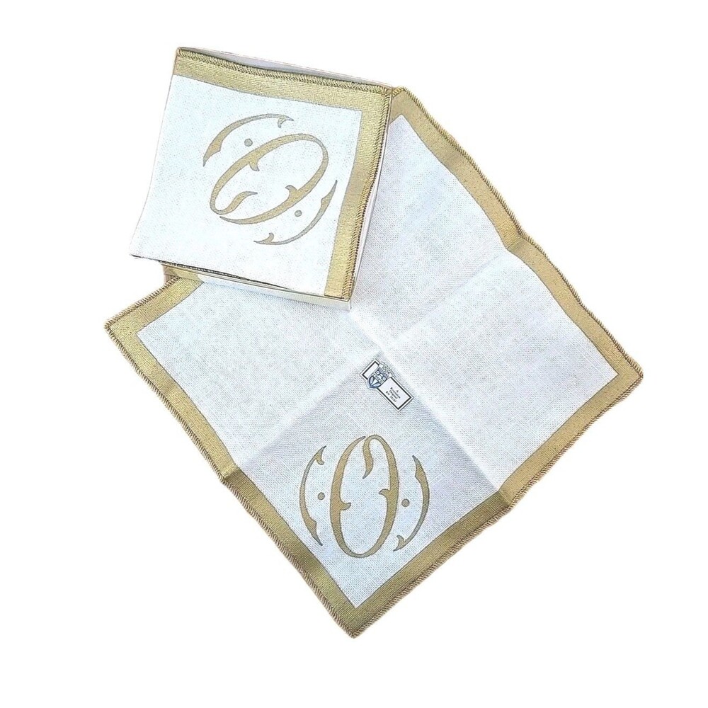 Vintage Belgian Linen Napkins Monogrammed "O"   Gold trim Set Of 8